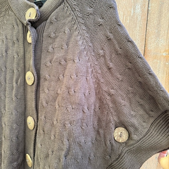 PURE Hand Knit Womens Brown Button Up Poncho Shawl Cotton Size Medium Large - Picture 6 of 10